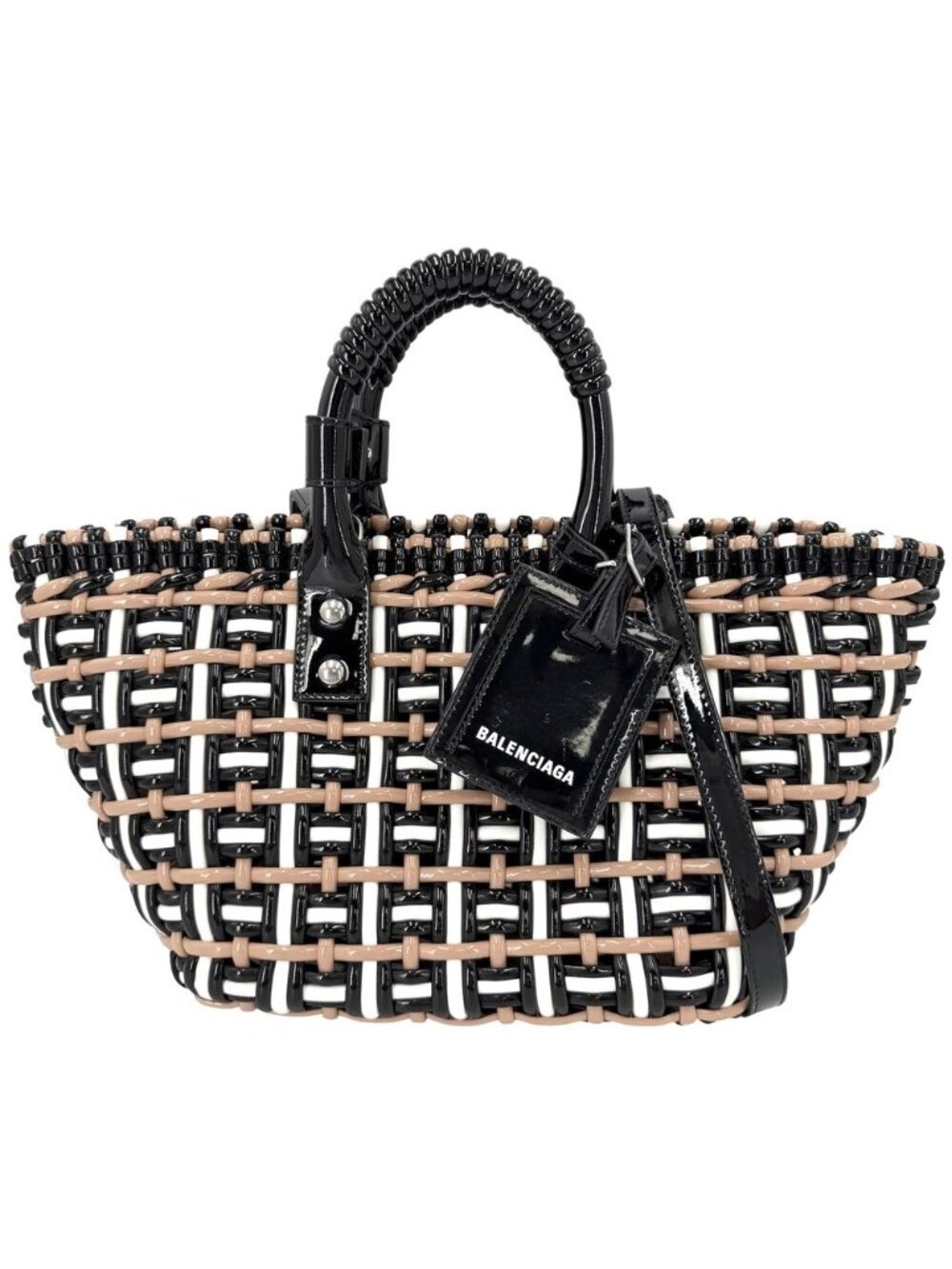 Balenciaga 2-Way Bistro XS Shoulder Bag Crossbody Patent Black Beige Silver